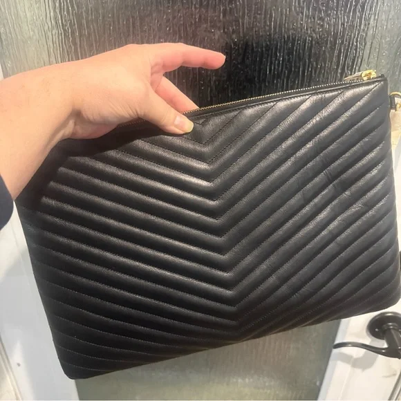 Yves Saint Laurent Black Sizable Clutch with detachable wristlet with gold YSL. - Picture 6 of 16